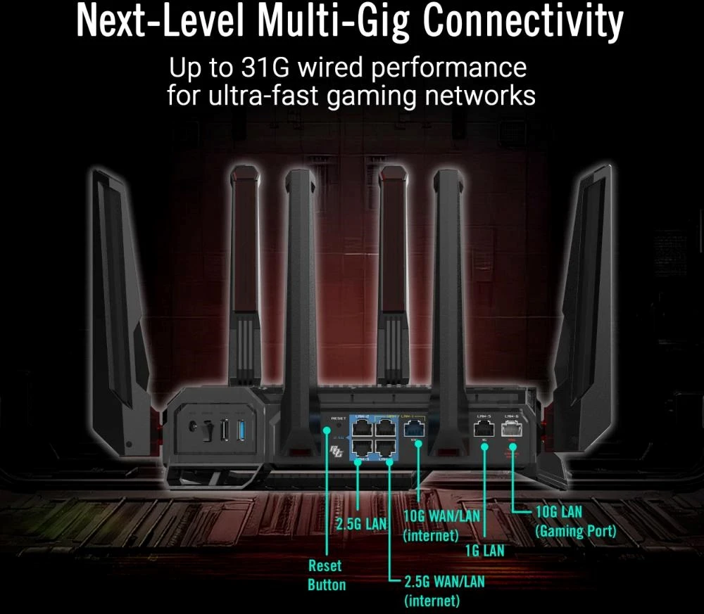 Žaidimų maršrutizatorius Asus ROG Rapture GT-BN98, Wi-Fi 8 (802.11bn), BN25000 (keturių dažnių), 2x 10G, 4x 2.5G, AiMesh, iki 25 Gbps
