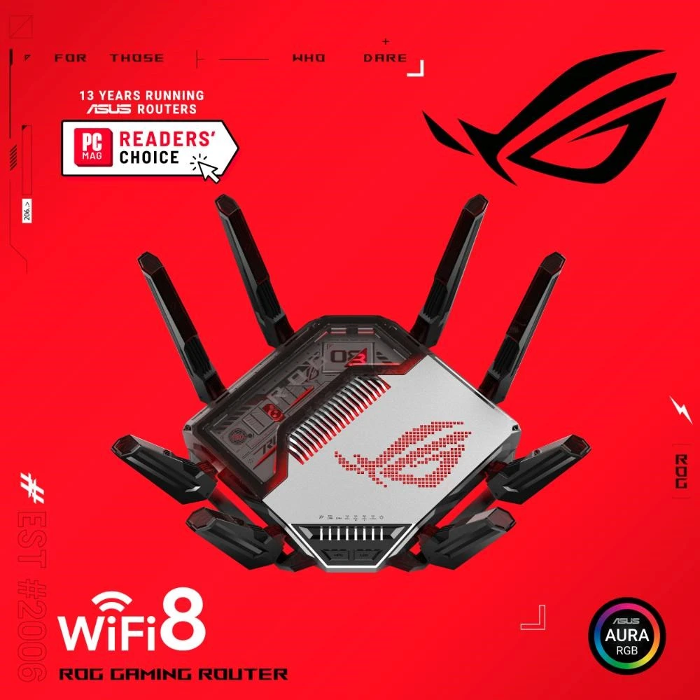 Žaidimų maršrutizatorius Asus ROG Rapture GT-BN98, Wi-Fi 8 (802.11bn), BN25000 (keturių dažnių), 2x 10G, 4x 2.5G, AiMesh, iki 25 Gbps