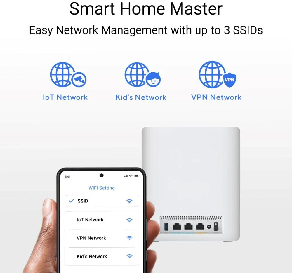 Asus | Trijuostis WiFi 7 Smart AiMesh Extendable Maršrutizatorius | ZenWiFi BT10 | 802.11be | Iki 18000 Mbit/s | Ethernet LAN (RJ-45) jungtys 3 | Tinklelio palaikymas Taip | MU-MiMO Taip | Antenos tipas Vidinis | 1