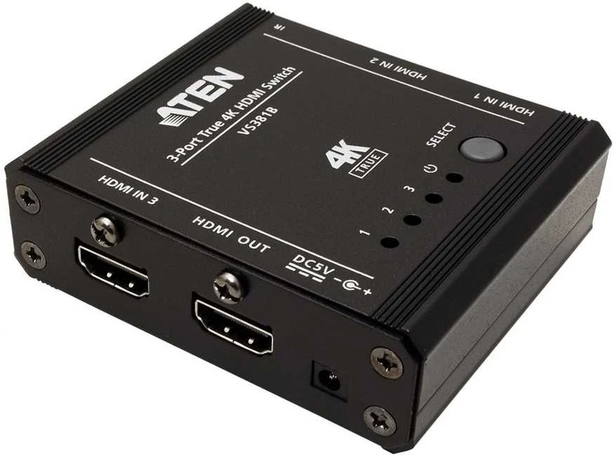 Aten | 3 prievadų tikrasis 4K HDMI jungiklis | VS381B | Įvestis: 3 x HDMI tipo A moteriška; Išvestis: 1 x HDMI tipo A moteriška