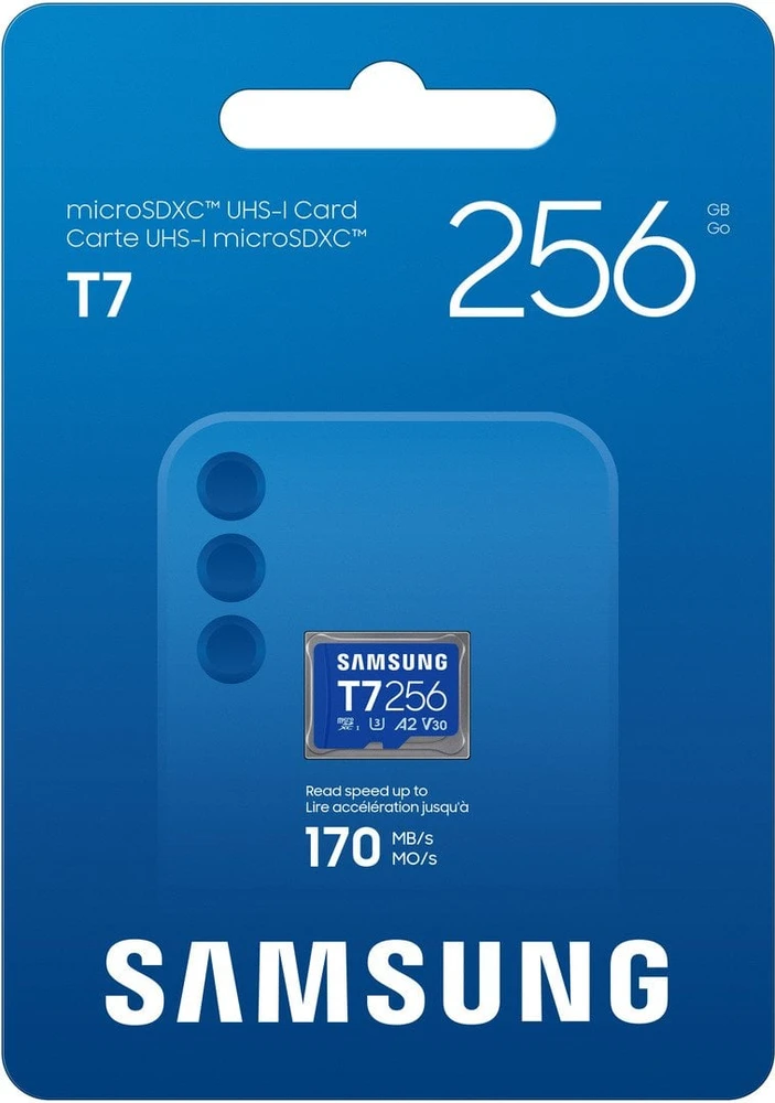 „Samsung T7 Micro SD“ atminties kortelė, 256 GB, skirta išmaniesiems telefonams, planšetiniams kompiuteriams ir nešiojamiesiems konsolėms, nuskaitymo greitis – 170 MB/s.