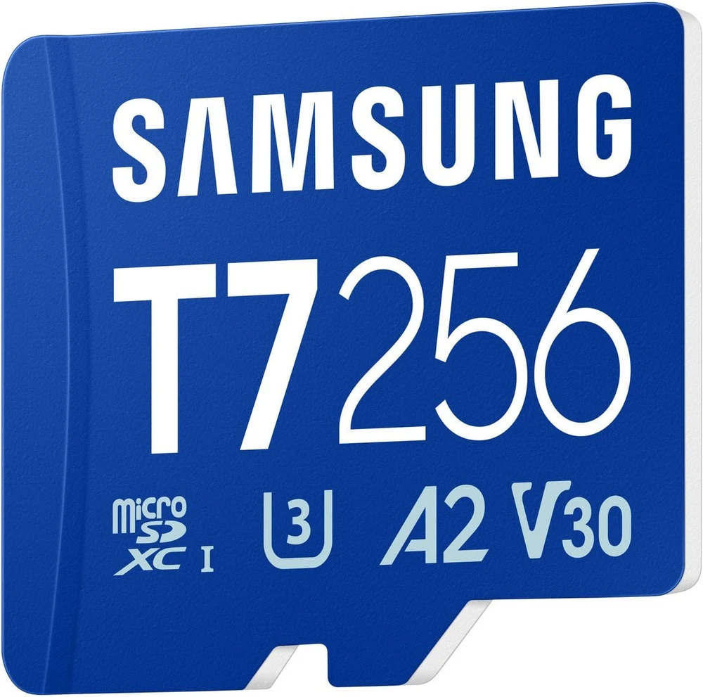„Samsung T7 Micro SD“ atminties kortelė, 256 GB, skirta išmaniesiems telefonams, planšetiniams kompiuteriams ir nešiojamiesiems konsolėms, nuskaitymo greitis – 170 MB/s.