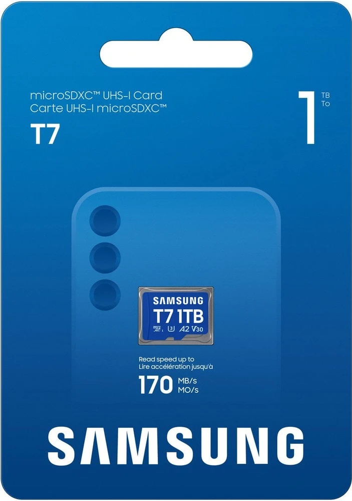 „Samsung T7 Micro SD“ atminties kortelė, 1 TB, skirta išmaniesiems telefonams, planšetiniams kompiuteriams ir nešiojamiesiems konsolėms, nuskaitymo greitis – 170 MB/s.