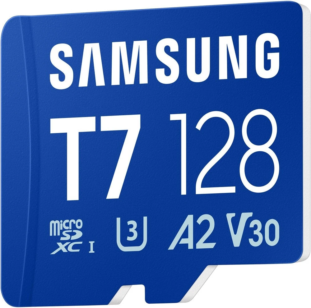 „Samsung T7 Micro SD“ atminties kortelė, 128 GB, skirta išmaniesiems telefonams, planšetiniams kompiuteriams ir nešiojamiesiems konsolėms, nuskaitymo greitis – 170 MB/s.