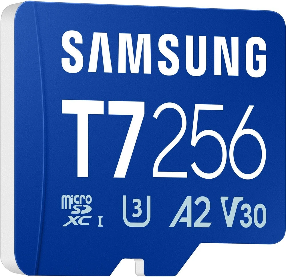 „Samsung T7 Micro SD“ atminties kortelė, 256 GB, skirta išmaniesiems telefonams, planšetiniams kompiuteriams ir nešiojamiesiems konsolėms, nuskaitymo greitis – 170 MB/s.