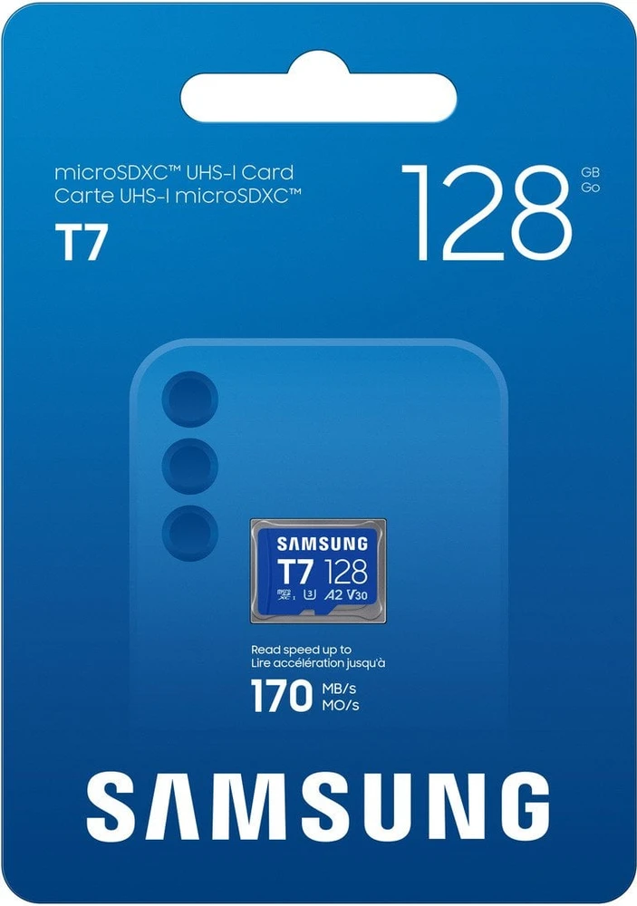 „Samsung T7 Micro SD“ atminties kortelė, 128 GB, skirta išmaniesiems telefonams, planšetiniams kompiuteriams ir nešiojamiesiems konsolėms, nuskaitymo greitis – 170 MB/s.