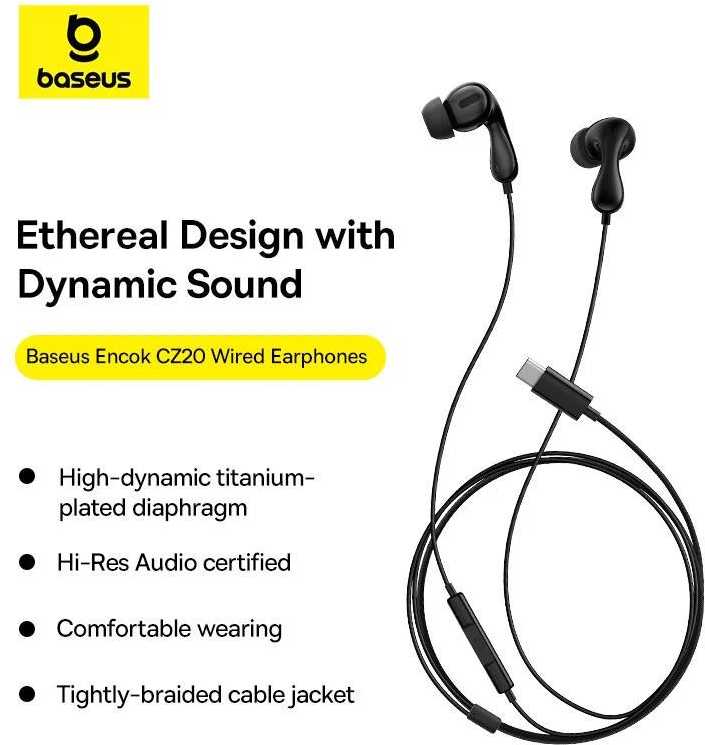 Baseus Encok CZ20 In-Ear su laidu USB-C Ausinės - Juodas