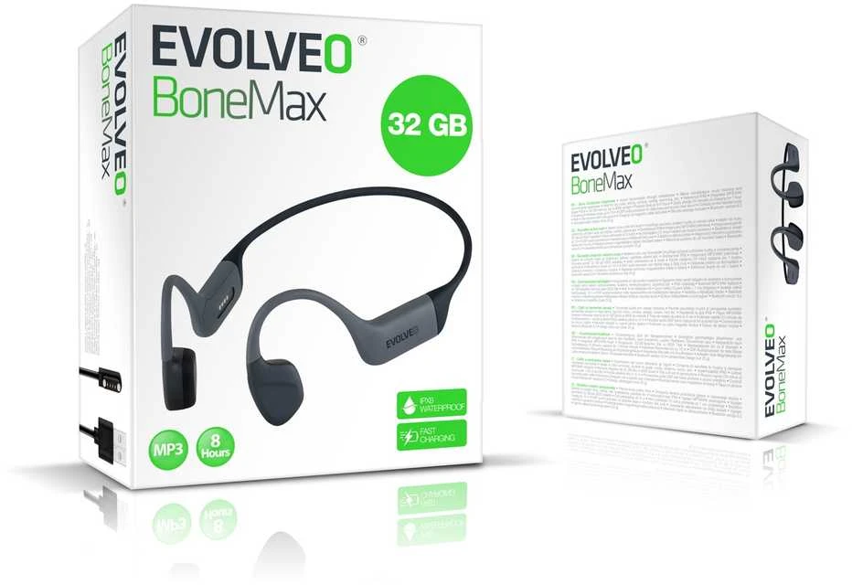 Evolveo BoneMax pilkos ausinės pakuotėje