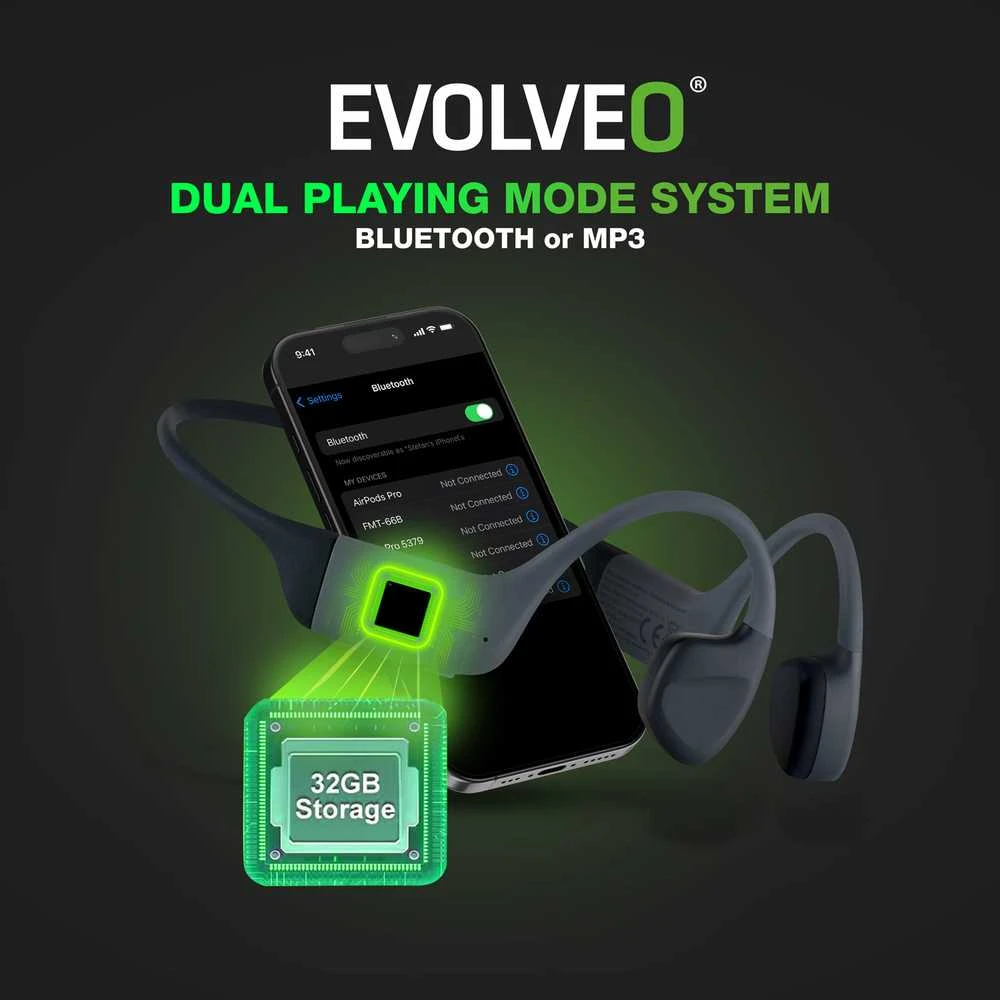 Ausinės Evolveo belaidės ausinės BoneMax MP3 32GB na kości policzkowe IPX8 pilka