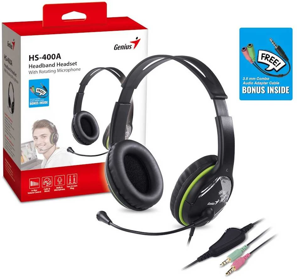 Genius HS-400A ausinės su mikrofonu + single Jack adapteris, laidinis, juoda, 2 3,5 mm lizdas + redukce na 1 3,5 mm lizdas