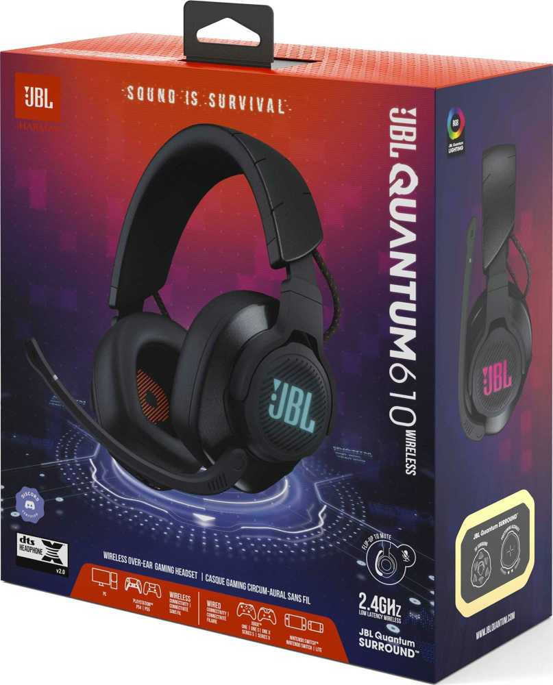 JBL Quantum 610 belaidės žaidimų ausinės, Juodos spalvos