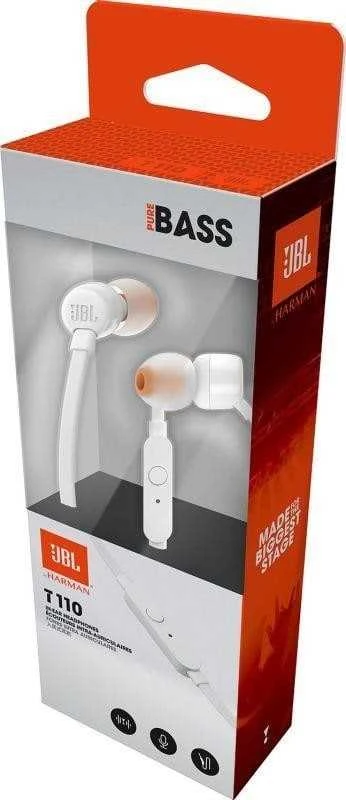 JBL T110 baltos ausinės pakuotėje