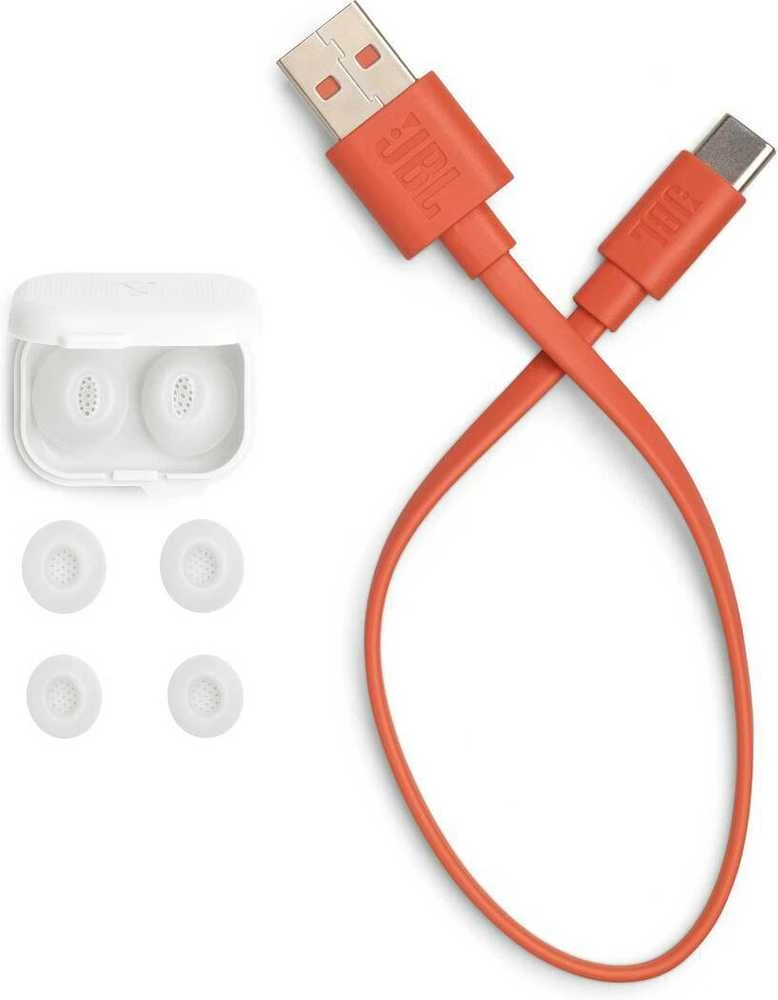 JBL Tune Flex 2 priedai: įkrovimo laidas ir ausų kaušeliai