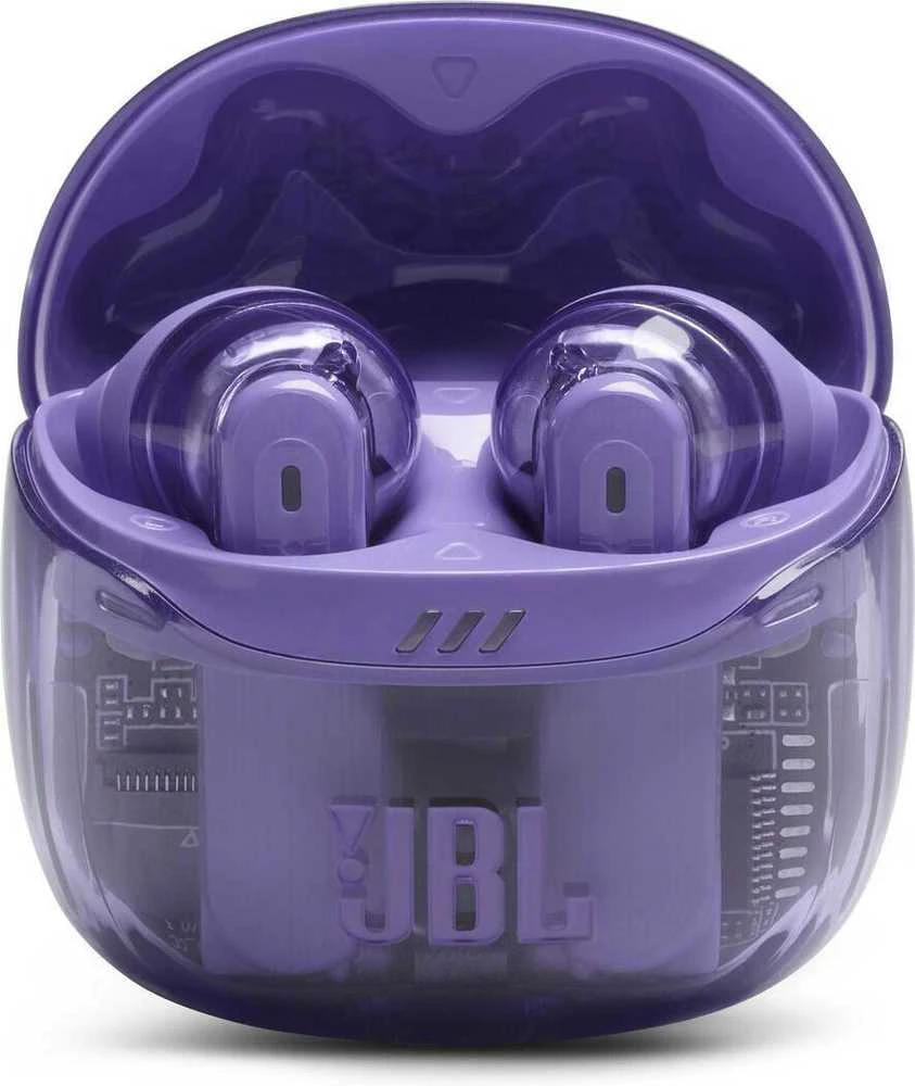 JBL Tune Flex 2 permatomos violetinės ausinės dėkle