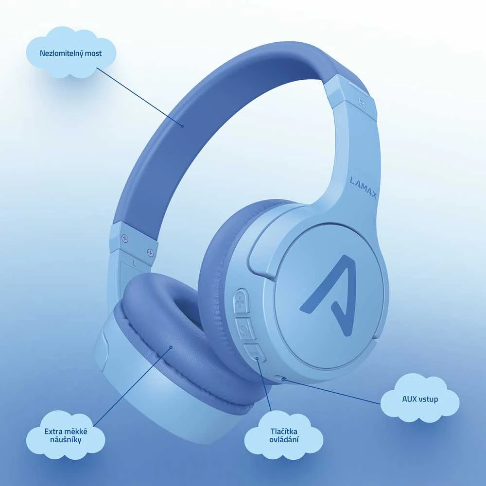 LAMAX BaseKid1 mėlynos ausinės su funkcijų aprašymais