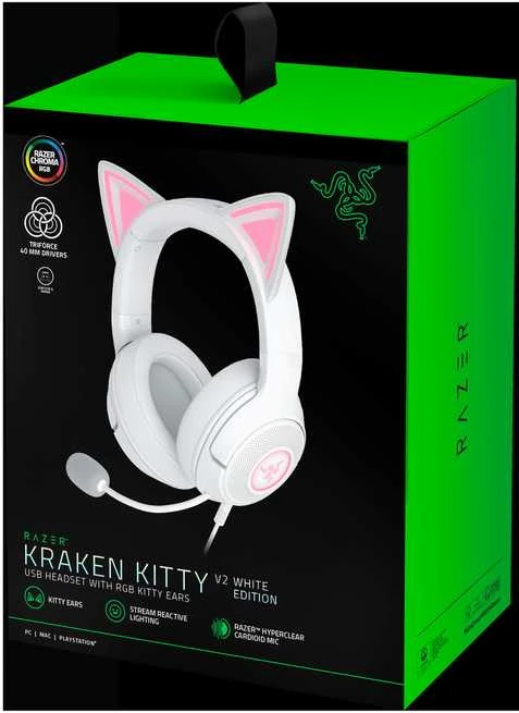 Razer Kraken Kitty V2 baltos ausinės pakuotė