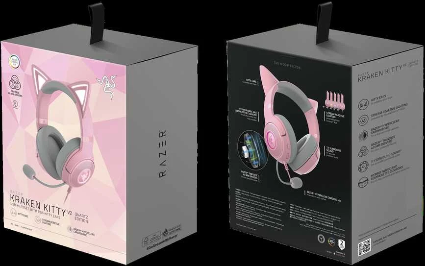 Razer Kraken Kitty V2 žaidimų ausinės, su laidu, mikrofonu, Rožinės spalvos