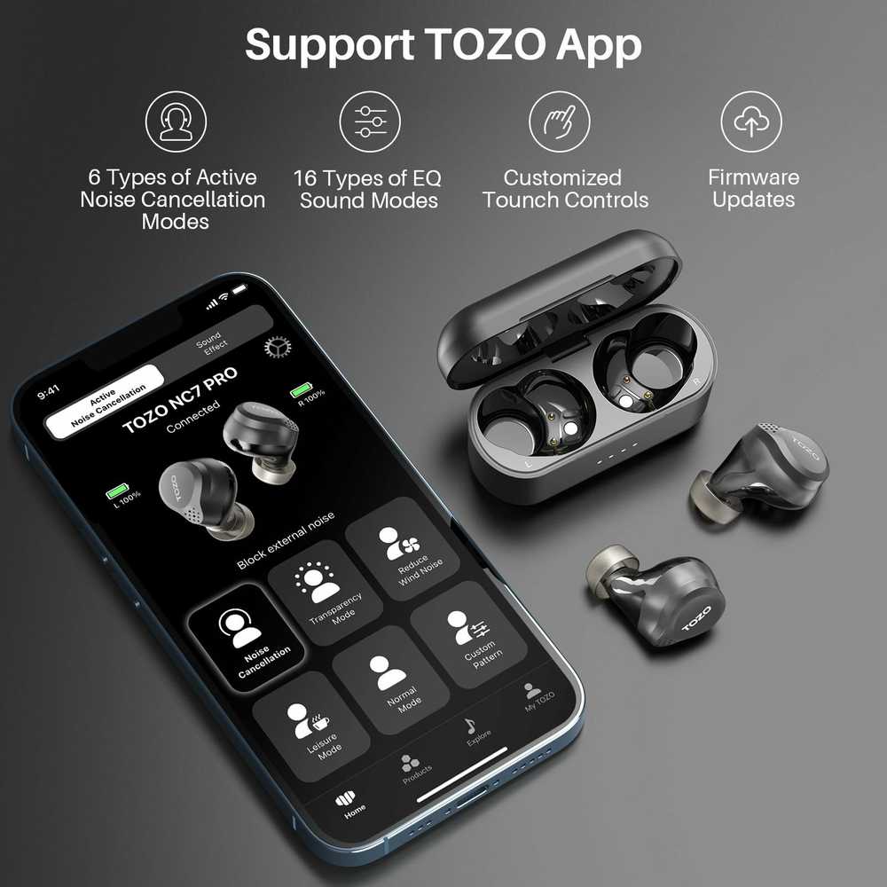 TOZO NC7 PRO True Belaidės Stereo (TWS) In-Ear USB Type-C Bluetooth Ausinės Juodas