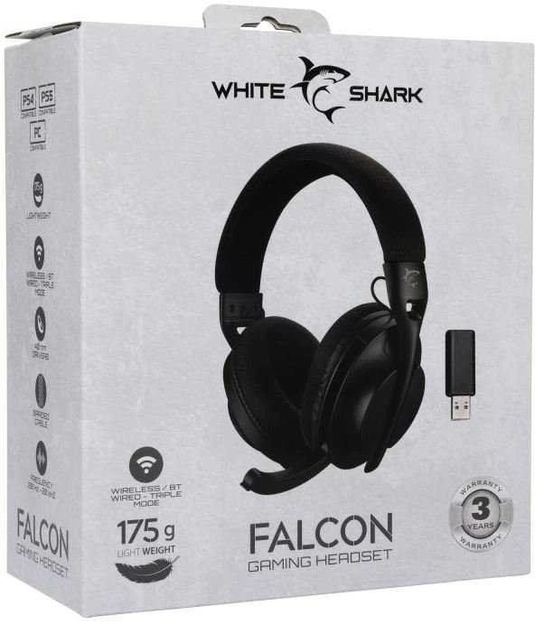 White Shark Baltas Shark Baltas Shark žaidimų belaidės ausinės FALCON, skirta PC, PS4/PS5, Mac, juodos spalvos