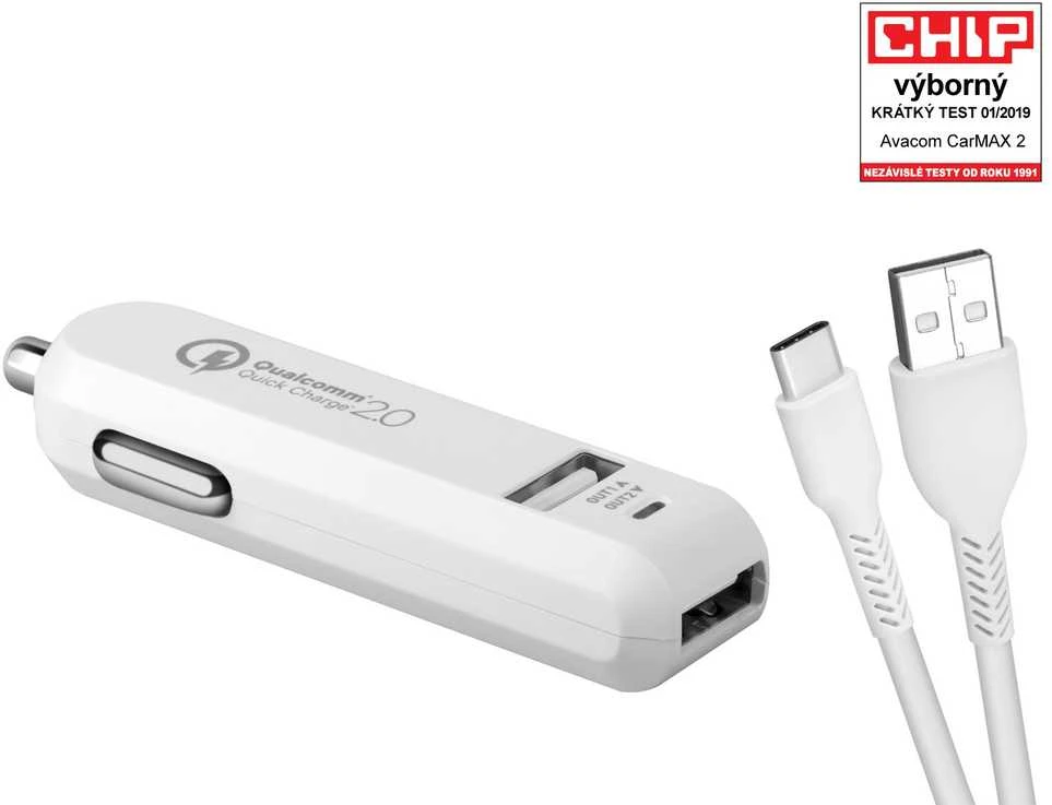 AVACOM CARMAX 2 AUTOMOBILINIS KROVIMAS 2X QUALCOMM QUICK CHARGE 2.0, Baltas (USB-C KABELIS)