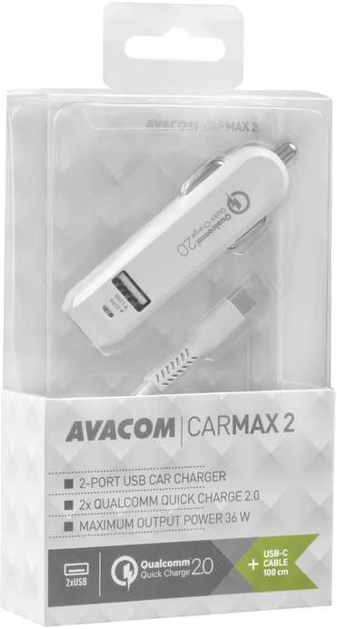 AVACOM CARMAX 2 AUTOMOBILINIS KROVIMAS 2X QUALCOMM QUICK CHARGE 2.0, Baltas (USB-C KABELIS)