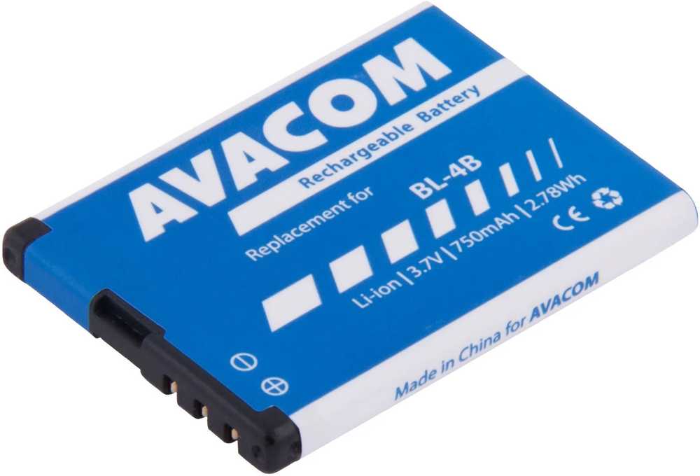 „Avacom“ telefono baterijos, skirtos „Nokia 6111“, ličio jonų, 3,7 V, GSNO-BL4B-S750, 750 mAh, 2,8 Wh, pakeičia BL-4B