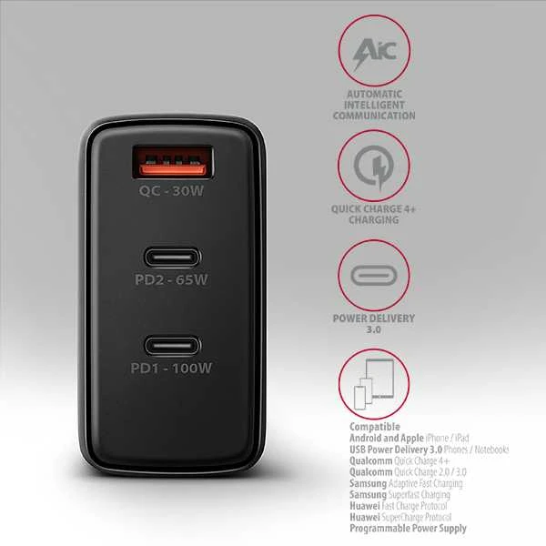 AXAGON GaN sieninis įkroviklis, 3x prievadas (USB-A + 2x USB-C), PD3.0/PPS/QC4+/SFC2.0/AFC/SCP/FCP/Apple, 100W | ACU-DPQ100