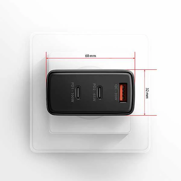 AXAGON GaN sieninis įkroviklis, 3x prievadas (USB-A + 2x USB-C), PD3.0/PPS/QC4+/SFC2.0/AFC/SCP/FCP/Apple, 100W | ACU-DPQ100