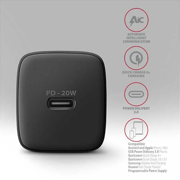 AXAGON ACU-PD20 sieninis pakrovėjas 1x QC3.0/AFC/FCP/PD type-C, 20W, juodas
