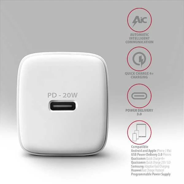 AXAGON ACU-PD20W sieninis įkroviklis 1x QC3.0/AFC/FCP/PD type-C, 20W, baltas