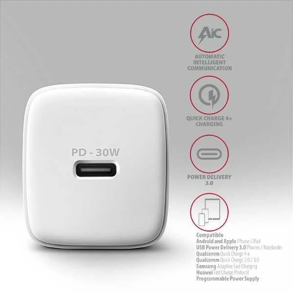 AXAGON ACU-PD30W sieninis įkroviklis 1x QC3.0/AFC/FCP/PD type-C, 30W, baltas