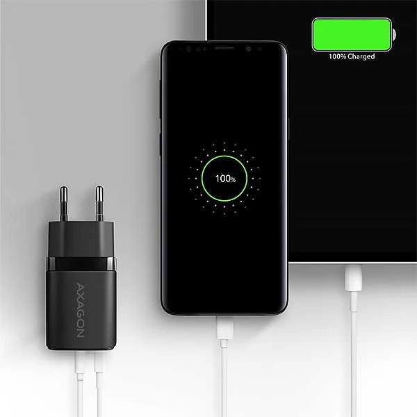 Axagon Sil sieninis įkroviklis 2x prievadas (USB-A + USB-C), PD3.0/QC4+/PPS/AFC/Apple. 30W bendra galia.