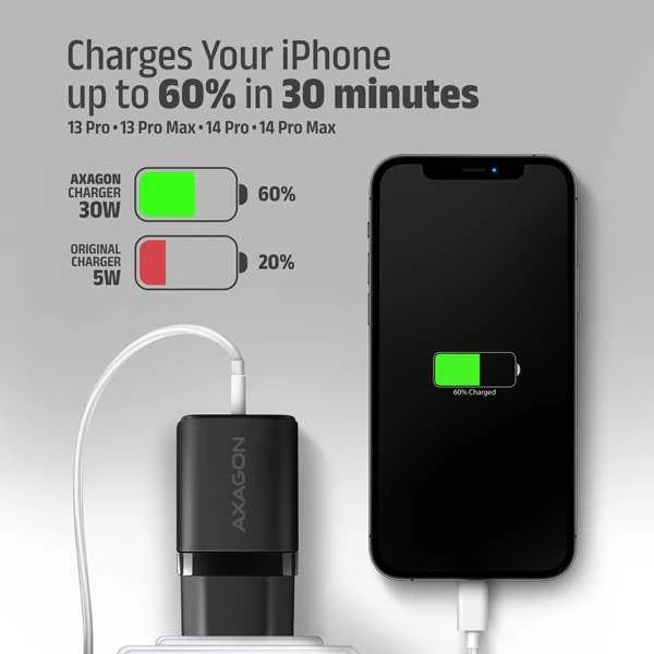 Axagon Sil sieninis įkroviklis 2x prievadas (USB-A + USB-C), PD3.0/QC4+/PPS/AFC/Apple. 30W bendra galia.