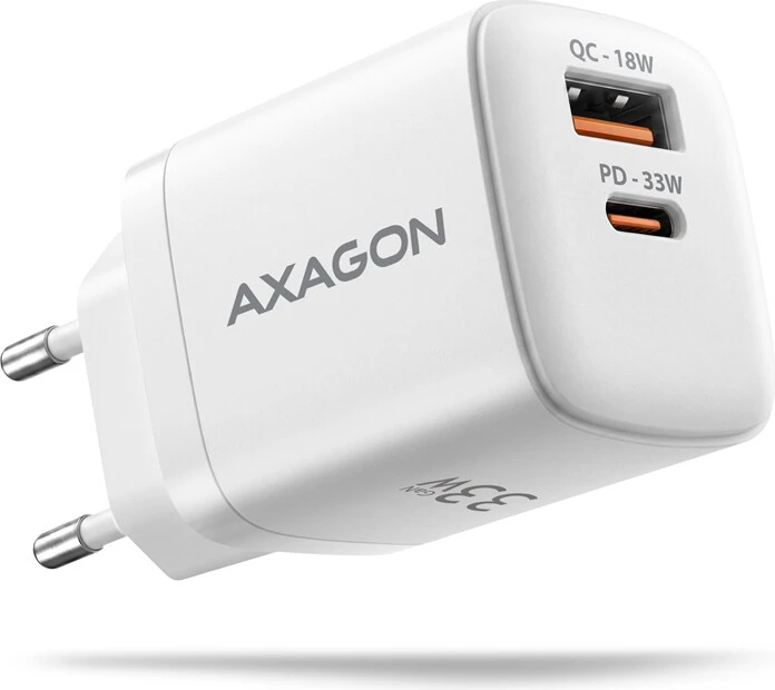 AXAGON ACU-PQ33W, GaN 33 W tinklo įkroviklis, USB-A + USB-C, PD3.0/PPS/QC4+/SFC2.0/Apple, balta
