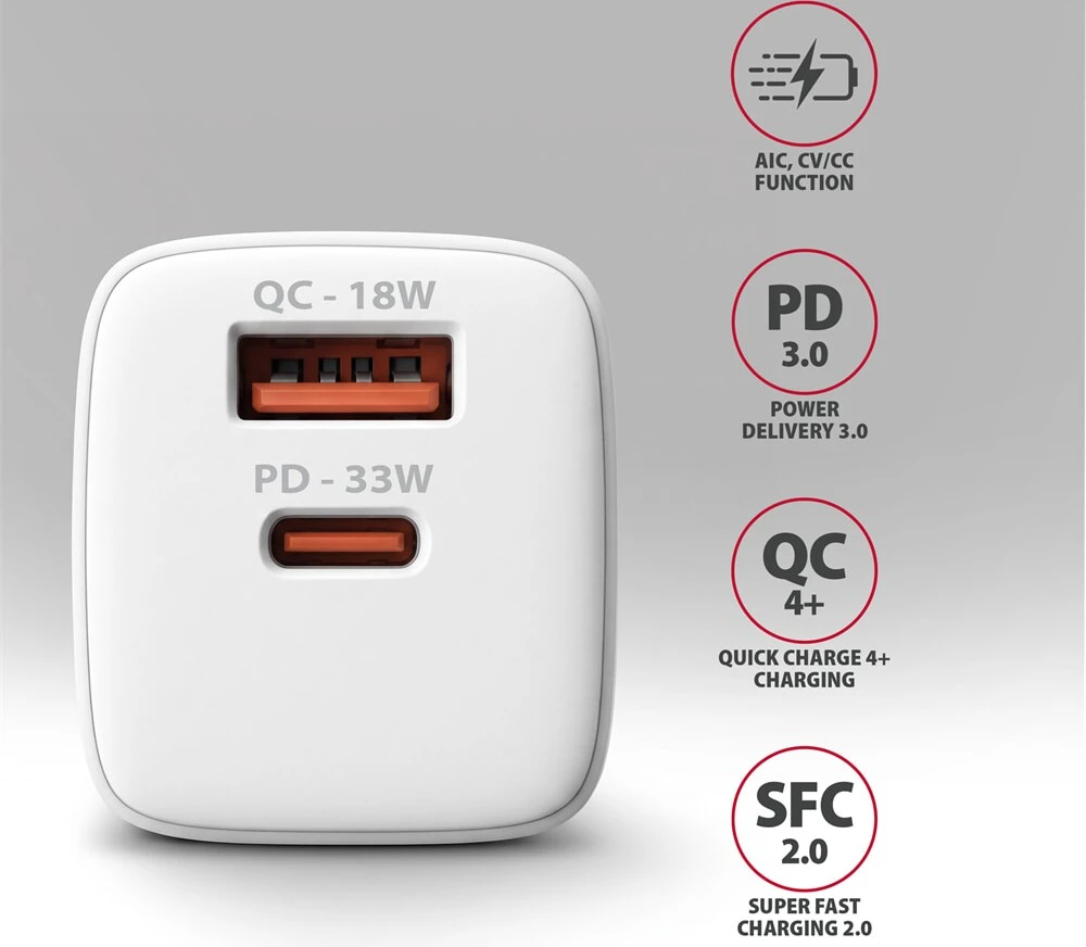 AXAGON ACU-PQ33W, GaN 33 W tinklo įkroviklis, USB-A + USB-C, PD3.0/PPS/QC4+/SFC2.0/Apple, balta