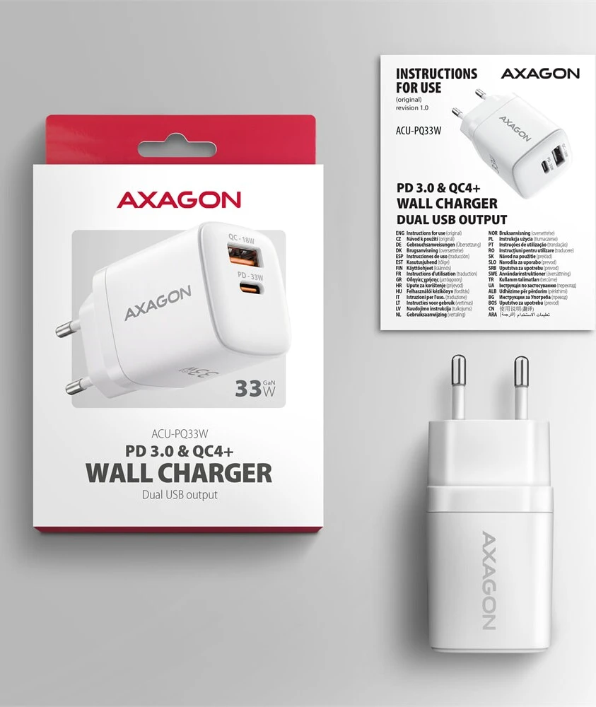 AXAGON ACU-PQ33W, GaN 33 W tinklo įkroviklis, USB-A + USB-C, PD3.0/PPS/QC4+/SFC2.0/Apple, balta