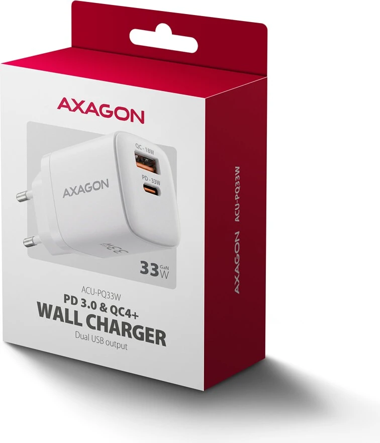 AXAGON ACU-PQ33W, GaN 33 W tinklo įkroviklis, USB-A + USB-C, PD3.0/PPS/QC4+/SFC2.0/Apple, balta