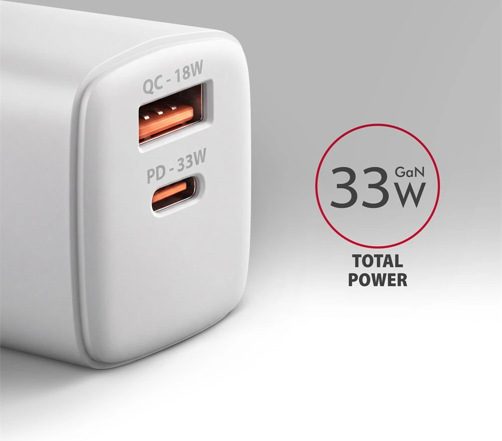 AXAGON ACU-PQ33W, GaN 33 W tinklo įkroviklis, USB-A + USB-C, PD3.0/PPS/QC4+/SFC2.0/Apple, balta