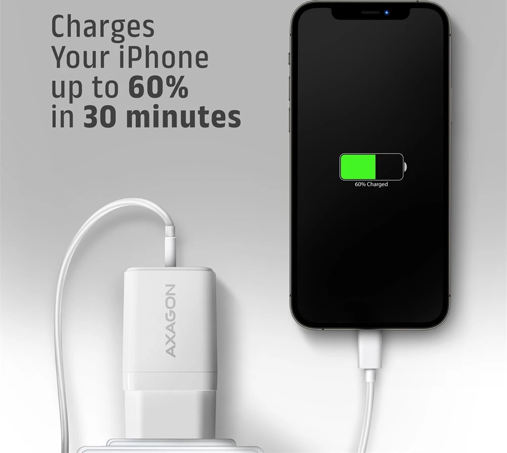 AXAGON ACU-PQ33W, GaN 33 W tinklo įkroviklis, USB-A + USB-C, PD3.0/PPS/QC4+/SFC2.0/Apple, balta