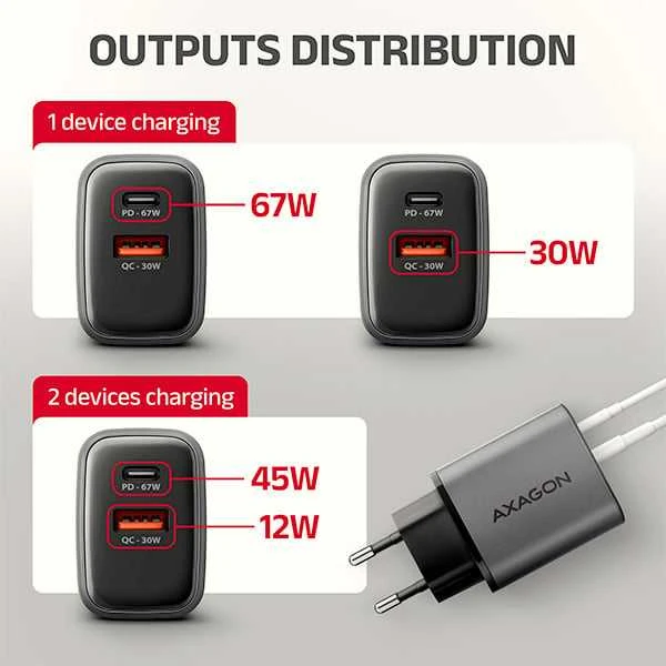 AXAGON sieninis įkroviklis 67 W, USB-A + USB-C, PD3.0/PPS/QC4+/SF | ACU-PQ67D