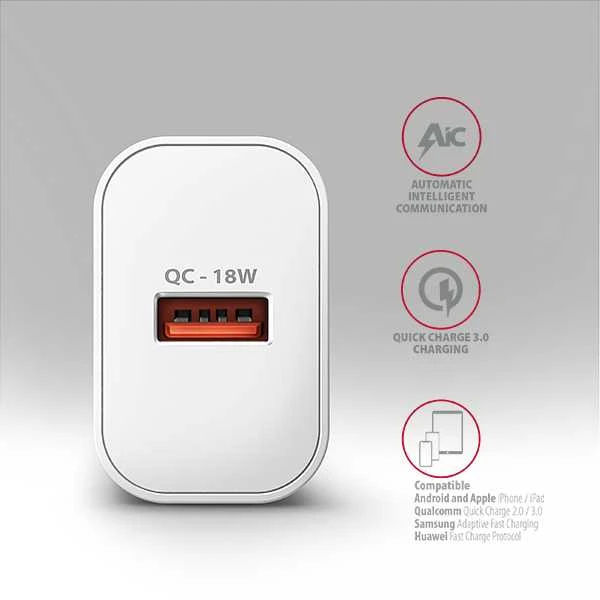 AXAGON ACU-QC18W sieninis įkroviklis 1x QC3.0/AFC/FCP/SMART, 18W, baltas
