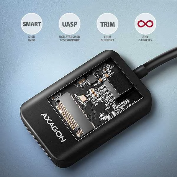 AXAGON USB-A 10Gbps – M.2 NVMe ir SATA SSD adapteriai | ADM2-AM