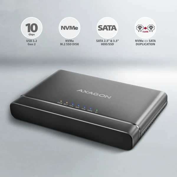 „Axagon USB 3.2 Gen 2“ adapteris, skirtas prijungti NVMe M.2 SSD diskus ir SATA 2.5''/3.5'' diskus su klonavimo funkcija.