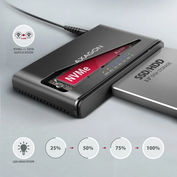 „Axagon USB 3.2 Gen 2“ adapteris, skirtas prijungti NVMe M.2 SSD diskus ir SATA 2.5''/3.5'' diskus su klonavimo funkcija.