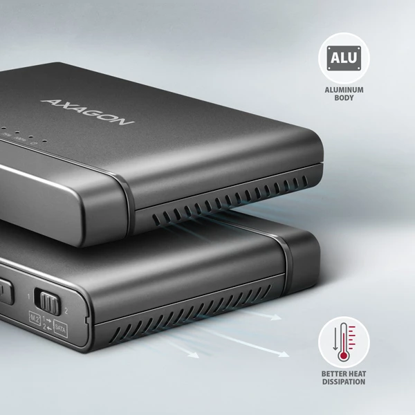 „Axagon USB 3.2 Gen 2“ adapteris, skirtas prijungti NVMe M.2 SSD diskus ir SATA 2.5''/3.5'' diskus su klonavimo funkcija.