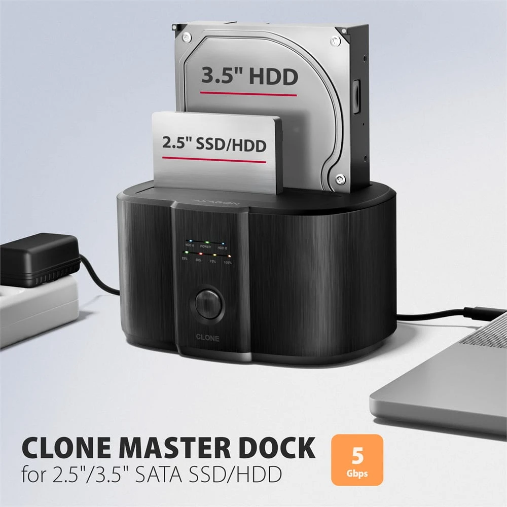 Axagon USB-C 5 Gbps prijungimo stotis, skirta 2x 2,5"/3,5" SSD/HDD su diskų klonavimo funkcija be kompiuterio