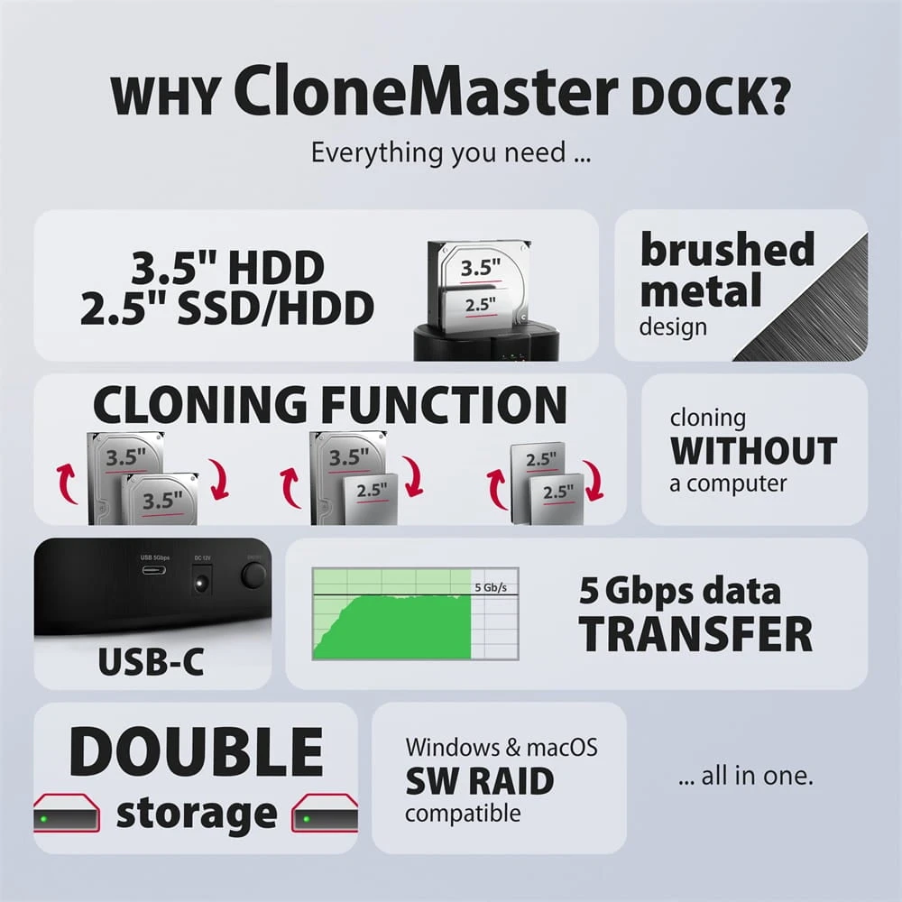Axagon USB-C 5 Gbps prijungimo stotis, skirta 2x 2,5"/3,5" SSD/HDD su diskų klonavimo funkcija be kompiuterio