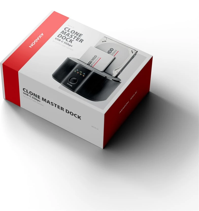 Axagon USB-C 5 Gbps prijungimo stotis, skirta 2x 2,5"/3,5" SSD/HDD su diskų klonavimo funkcija be kompiuterio