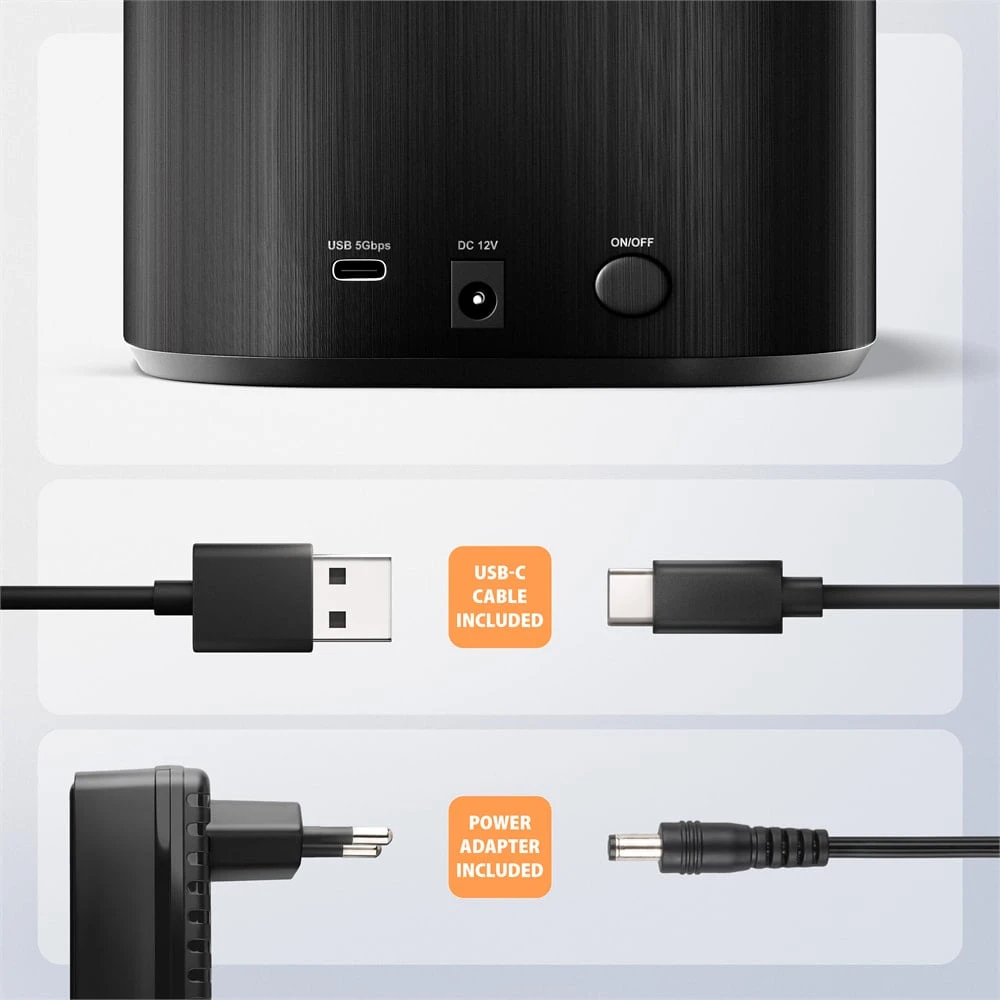 Axagon USB-C 5 Gbps prijungimo stotis, skirta 2x 2,5"/3,5" SSD/HDD su diskų klonavimo funkcija be kompiuterio