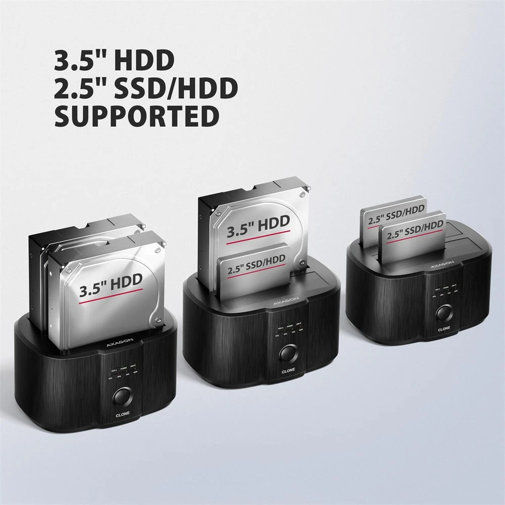 Axagon USB-C 5 Gbps prijungimo stotis, skirta 2x 2,5"/3,5" SSD/HDD su diskų klonavimo funkcija be kompiuterio